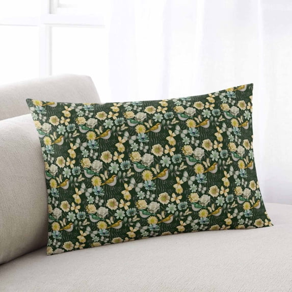 Vintage Flower Throw Pillow Covers, Green Spring Floral Leaves Pastoral Birds Plants Soft Breathable Pillow Cases with Invisible Zipper, Small Pillowcases for Couch Bed Sofa Chair 16x24 Inches