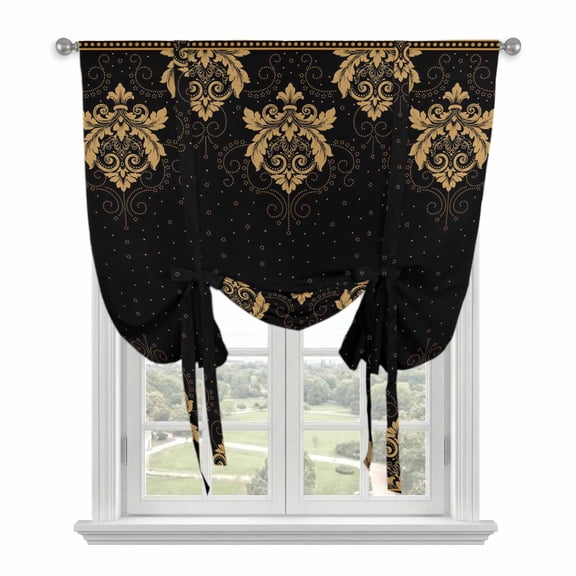 Vintage Flower Tie Up Curtain for Window, Gold Floral Lace on Black Geometric Texture Farmhouse Adjustable Tie Up Balloon Curtain Valances Rod Pocket Window Treatment for Kitchen Bedroom 42"x63"