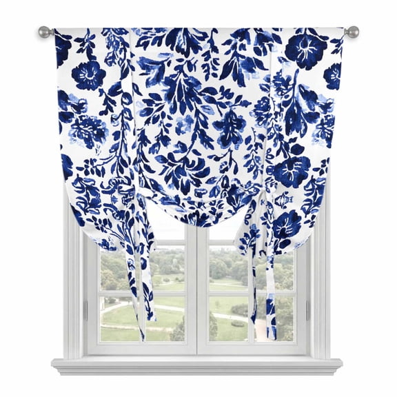 Vintage Flower Tie Up Curtains, Spring Abstract Dark Blue Floral Pattern Retro Adjustable Rod Pocket Balloon Curtains Light Blocking Window Treatment for Kitchen Living Room Bedroom, 42 × 54 In