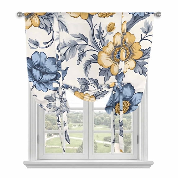 Vintage Flower Tie Up Curtain 45 Inches Long, Abstract Floral Balloon Style Kitchen Window Curtain Over Sink, Small Window Rod Pocket Curtain 52"x45"