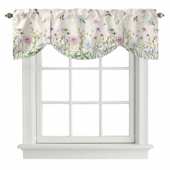 Vintage Flower Tie Up Valance Curtains for Windows, Kitchen Curtains Window Shades, Botanical Wildflower Plant Country Daisy Light Filtering Roman Curtain Valances for Bedroom/Bathroom/Cafe 42"x12"