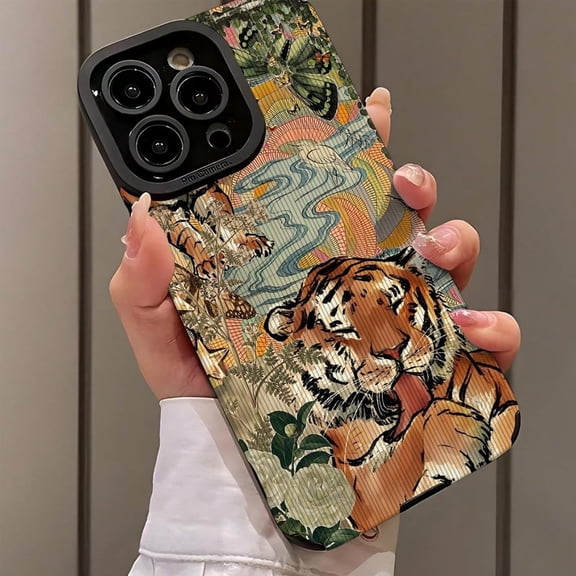 Vintage Flower Tiger Mobile Phone Case, Tiger Mobile Phone Case, Cute Aesthetic Tigers Design, Shockproof Protective Case for iPhone (Black,11)