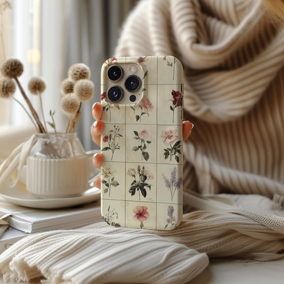 Vintage Flower Tile Phone Case Spring Summer Minimalist Art Design Cover Fits iPhone Samsung Galaxy Pixel