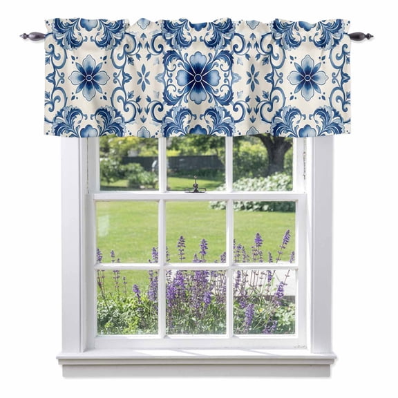 Vintage Flower Valances for Windows Greek Cobalt Blue Mandalas Floral Tile Texture Rod Pocket Light Filtering Short Window Treatments Curtains for Kitchen Bathroom Bedroom, 1 Panel, 60 x 14 Inch