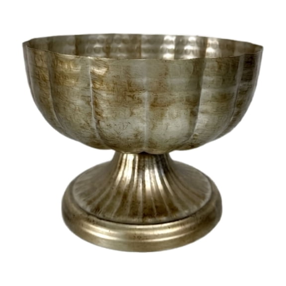 Vintage Flower Vase with Wide Mouth and Ribbed Texture, Antique Silver Iron Pedestal Planter for Dining Table Centerpiece Decoration