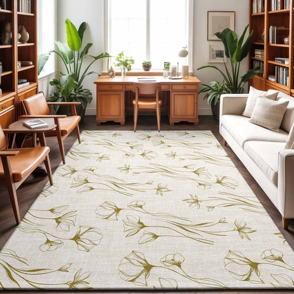 Vintage Flower Washable Area Rug 9 x 12 ft Country Beige Flowers Retro Linen Texture, Soft Non Slip Rugs Stain Repellent Indoor Felt Carpet for Living Dining Room Bedroom Home Office