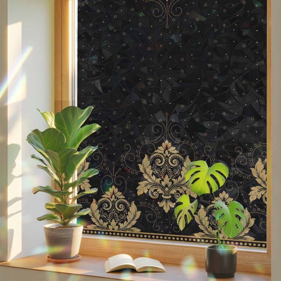 Vintage Flower Window Privacy Film, Gold Floral Lace on Black Geometric Texture Farmhouse Stained Glass Rainbow Film Decorative Window Clings, Static Cling Sun Blocking Stickers 17.7" x 39.3"