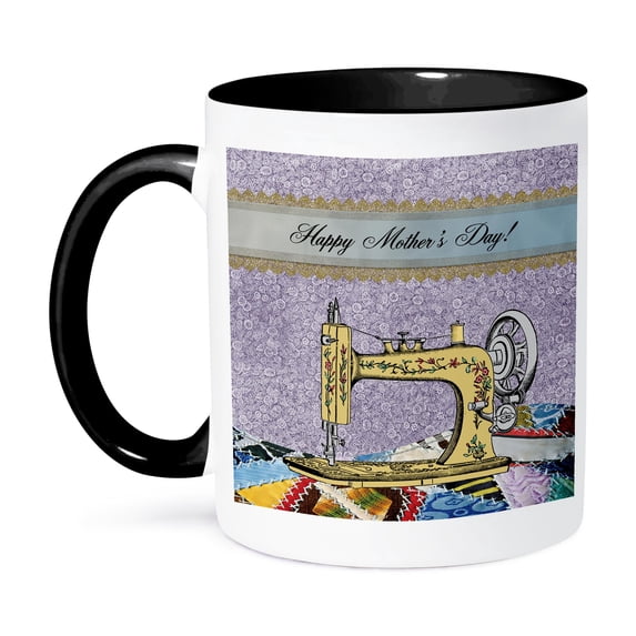 3dRose, Vintage Flowered Yellow Sewing Machine with Colorful Quilt, Mothers Day, 11oz Two-Tone Black Mug