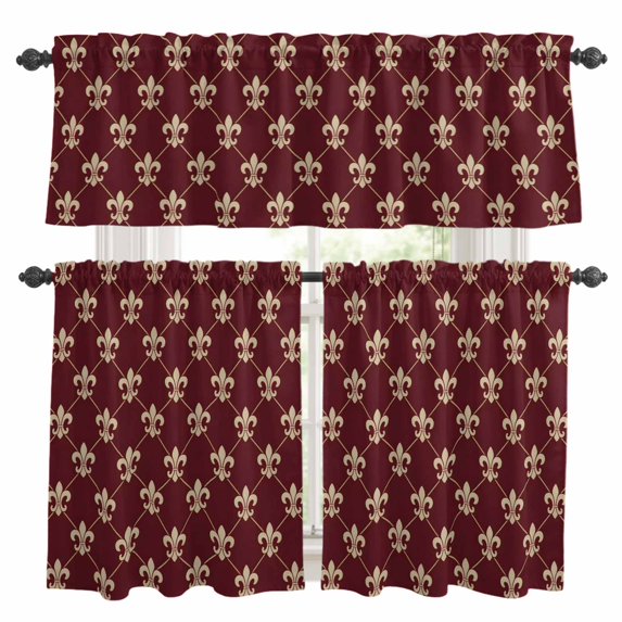 Vintage Flowering Kitchen Curtains Valances and Tiers Set of 3 Gorgeous Flower Dark Red Background Tier Curtains and Valance with Rod Pocket for Small Windows, 27.5"x36"