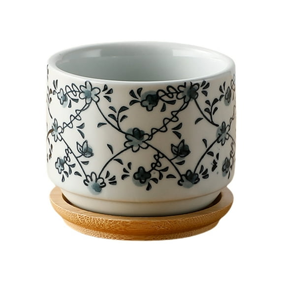 Vintage Flowerpot with Bamboo Tray Ceramic Succulent Plants Pot Garden Home Decor