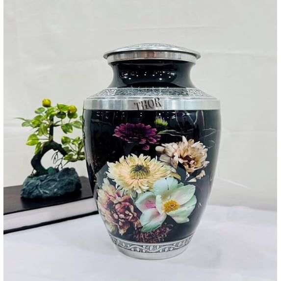 Vintage Flowers Aluminum Ashes urn. Cremation urn for Human Ashes Adult Male and Female. Decorative urns for Ashes for Humans