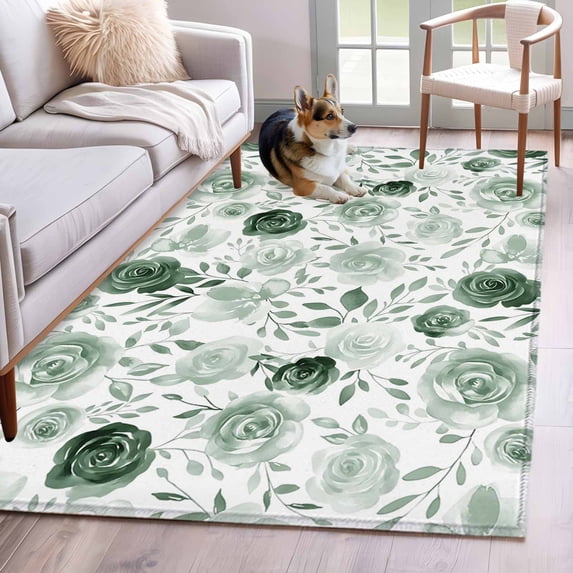 Vintage Flowers Area Rugs 3x5 ft Light Green Flowers Leaf Decoration Washable Rug Non Slip Indoor Carpet Absorbent Floor Mat for Living Room Bedroom Dining Room