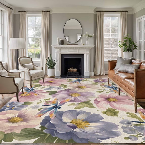 Vintage Flowers Area Rugs 8'x10', Washable Small Throw Rugs for Living Room Patio, Spring Watercolor Floral Dragonflies Beige Indoor Outdoor Rug Non-Slip Low Pile Carpet Runner Reversible Floor Mats