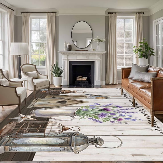 Vintage Flowers Area Rugs 8'x10', Washable Small Throw Rugs for Living Room Patio, Wooden Birds Retro Art Farmhouse Indoor Outdoor Rug Non-Slip Low Pile Carpet Runner Reversible Floor Mats