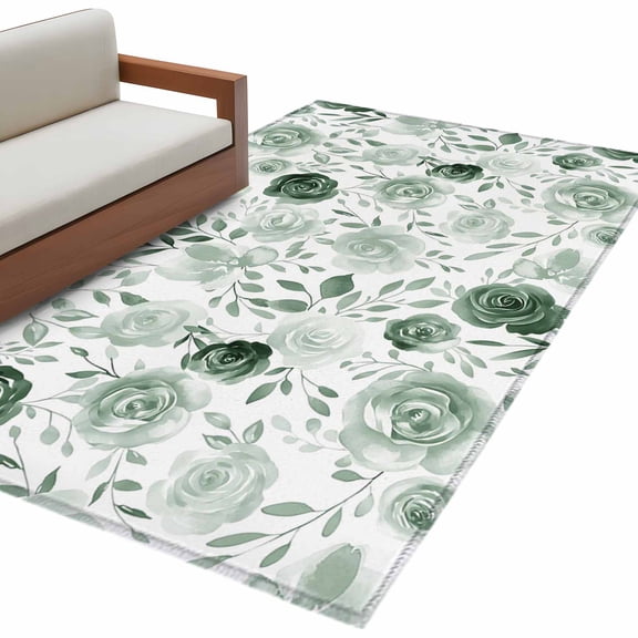 Vintage Flowers Area Rug 2.7x5ft Light Green Flowers Leaf Decoration Non-Slip Washable Square Rugs Soft Felt Indoor Floor Mat for Bedroom Kitchen Living Room Bathroom