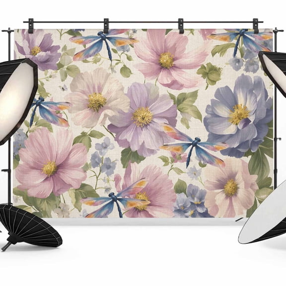 Vintage Flowers Backdrop for Photoshoot,Photography Photo Studio Background Wall Backdrop,Spring Watercolor Floral Dragonflies Beige Back Drop Banner Panel for Portraits Wedding Live Streaming 10x8Ft