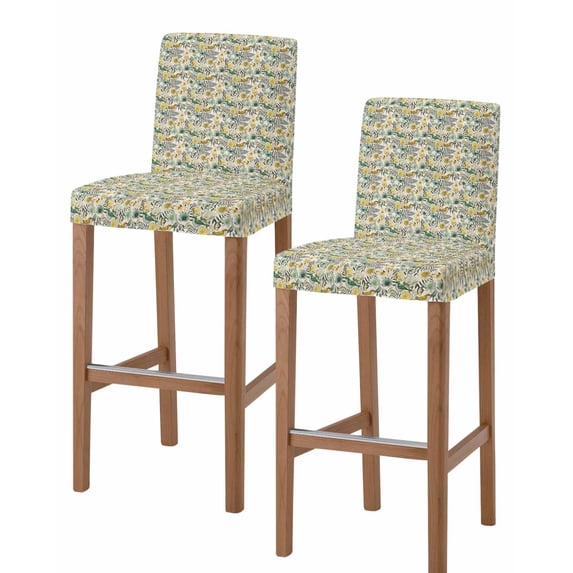 Vintage Flowers Bar Stool Covers Set of 2, Spring Yellow Green Floral Country Leaves Birds Stretch Bar Chair Covers with Backs, Removable Pub Counter Height Chair Cover for Kitchen Dining Room Cafe