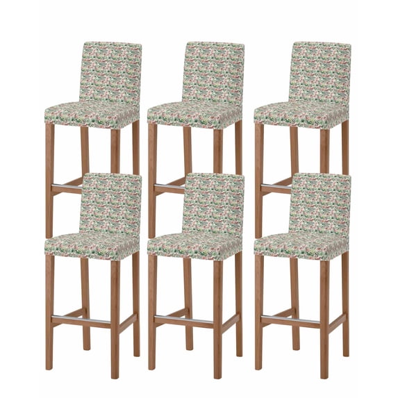 Vintage Flowers Bar Stool Covers Set of 6, Spring Pink Green Floral Country Leaves Birds Stretch Bar Chair Covers with Backs, Removable Pub Counter Height Chair Cover for Kitchen Dining Room Cafe