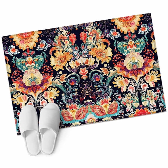 Vintage Flowers Bathroom Mat 2x3 FT, Non Slip Small Kitchen Mat, Ethnic Boho Floral Botanical Black Washable Soft Backed Front Door Throw Rug Non-Shedding Indoor Outdoor Doormat for Entryway Sink