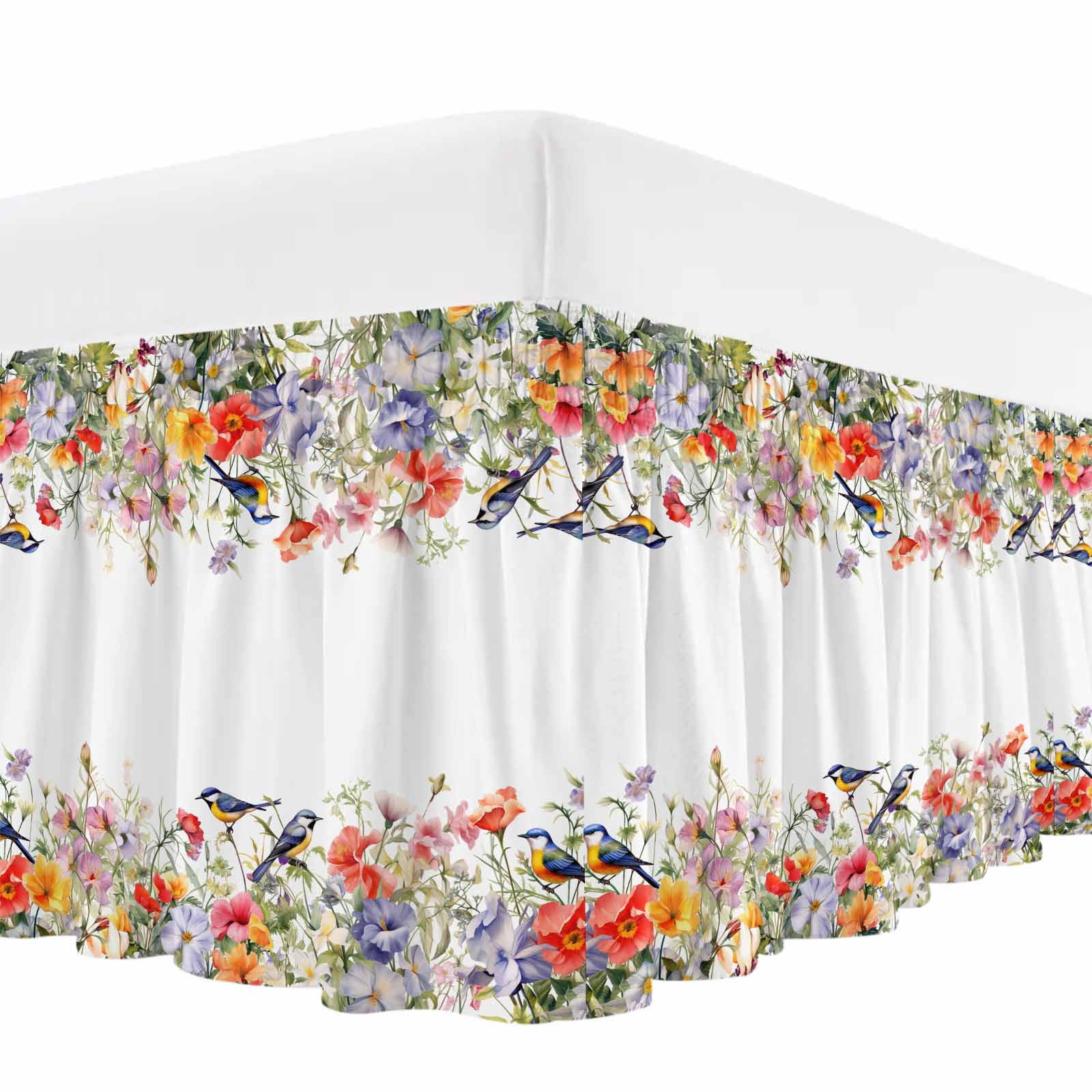 Vintage Flowers Bed Skirt King Size, Spring Floral Botanical Pastoral Wrap Around Bed Skirting with Adjustable Elastic Strap, Dust Ruffled Pleated Bedskirts 18 Inch Drop for Bedroom King Beds