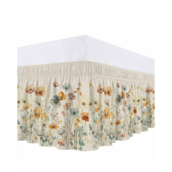 Vintage Flowers Bed Skirt Queen Size 16" Drop Watercolor Floral Leaves Linen Ruffled Wrap Around Bed Skirts Adjustable Elastic Bedskirt Dust Ruffle for Queen Size Bed