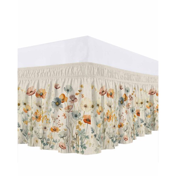 Vintage Flowers Bed Skirt Queen Size 16" Drop Watercolor Floral Leaves Linen Ruffled Wrap Around Bed Skirts Adjustable Elastic Bedskirt Dust Ruffle for Queen Size Bed