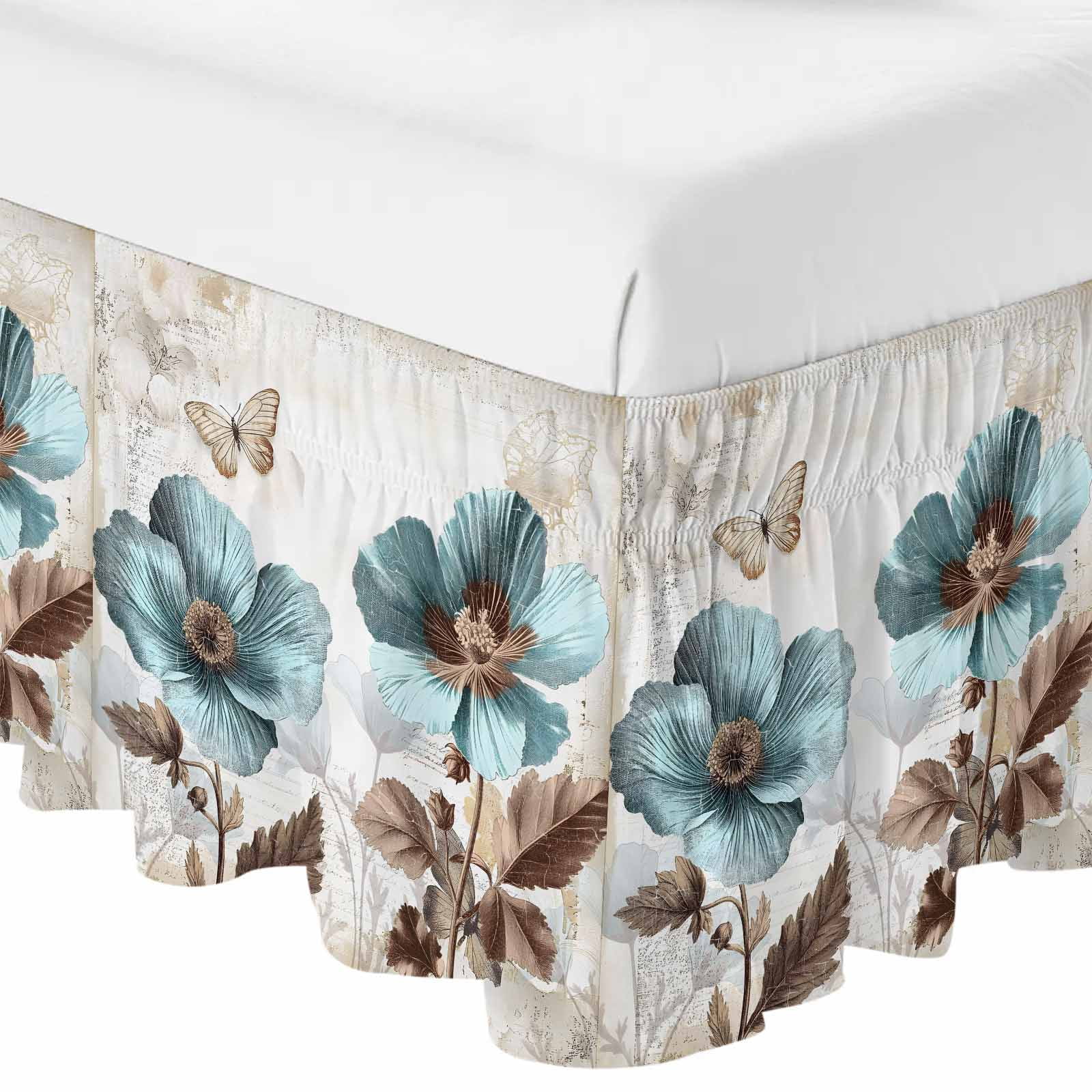 Vintage Flowers Bed Skirt Queen Size 18 Inch Drop, Adjustable & Elastic Wrap Around Bed Skirts Pleated Luxury Dust Ruffles For Twin Full Queen Cal King Base Beds, Teal Blue Floral Nature Butterfly