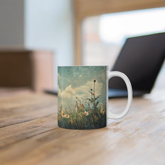 Vintage Flowers Below Cloudky Ceramic Mug, Beautiful Rustic Floral Coffee Mug, Grunge Style Wildflowers Field Teacup, Gift Her.