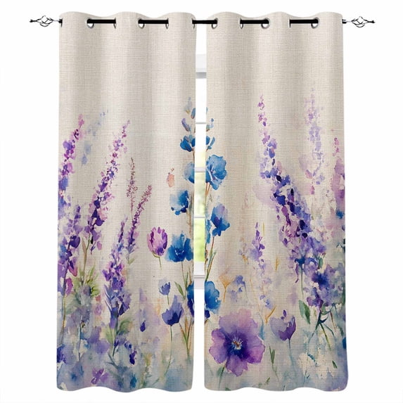 Vintage Flowers Blackout Curtains for Bedroom Living Room Darkening Curtains 54 Inch Long Spring Lavender Painting Plant Leaf Short Curtain for Small Window Treatment Grommet Drapes 52"x54"x2