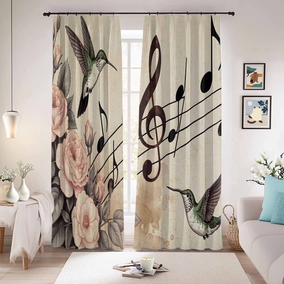 Vintage Flowers Blackout Curtains for Bedroom/Living Room, Pinch Pleated Black Out Curtains, Spring Floral Music Birds Retro Art Room Darkening Window Drapes with Hooks 2 Panels, 39"x70"