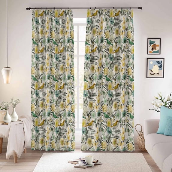 Vintage Flowers Blackout Curtains for Bedroom/Living Room, Pinch Pleated Black Out Curtains, Spring Yellow Green Floral Country Leaves Birds Room Darkening Window Drapes with Hooks 2 Panels, 39"x70"