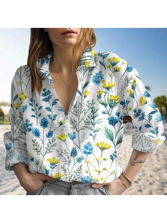 Vintage Flowers Blouses Shirt, Flower Women Casual Shirt, Women's Clothing, Button Up Shirt, Long Sleeve Shirt, Gift For Her