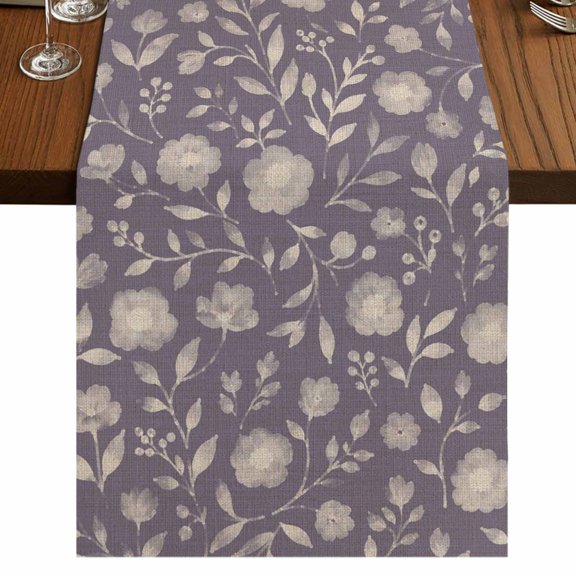 Vintage Flowers Burlap Cotton Table Runner 13x36 Inches Short, Spring Floral Wildflowers Plants Purple Farmhouse Table Runners, Outdoor Dining Table Decor for Baby Shower/Party/Wedding