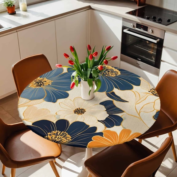 Vintage Flowers on Burlap Round Fitted Tablecloth with Elastic Edge,Waterproof Table Cloth Fits 36"-44" Tables,Wipeable Table Cover for Indoor Outdoor Dinning Party,Watercolor Rural Pastoral Flowers