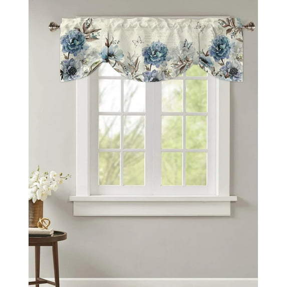 Vintage Flowers Butterflies Peonies Kitchen Valance Curtain Window Valance for Living Room Bedroom Tie Up Valance Curtain