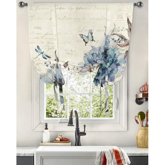 Vintage Flowers Butterflies Peonies Window Curtain for Living Room Kitchen Tie-up Roman Curtain Home Decor Balcony Blinds Drapes