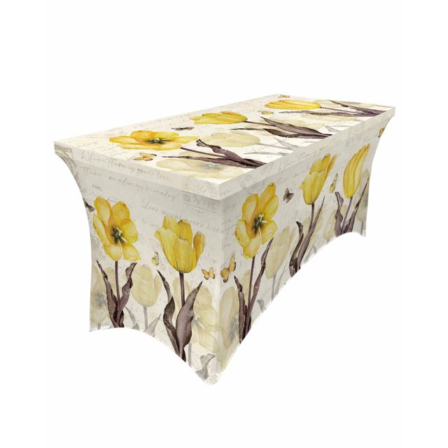 Vintage Flowers Butterflies Yellow Tulips Elastic Table Skirt Wedding