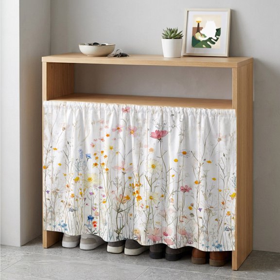 Vintage Flowers Cabinet Curtain 35"Wx35"L, Dustproof Under Sink Skirt with Self Adhesive Tape, Pink Blue Colorful Botanical Cabinet Curtain Cover for Kitchen Sink, Bathroom Vanity, Laundry Room