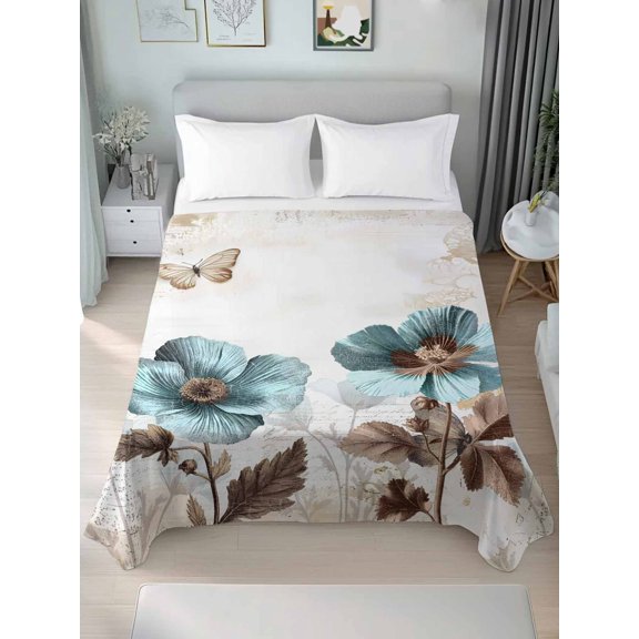Vintage Flowers California King Size Flat Sheet, Wrinkleproof & Fadeproof Cooling Flat Bed Sheet Only, Teal Blue Floral Nature Butterfly Breathable Soft Bedding Top Sheets 108 x 98 Inches