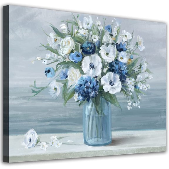 Vintage Flowers Canvas Wall Art Blue White Blossom Canvas Painting Retro Flowers in Vase Canvas Pictures Blue Ocean Background Artwork Prints for Bathroom Bedroom Wall Decor 16" X 12"