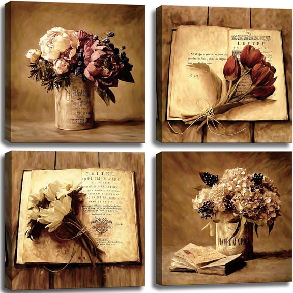 Vintage Flowers Canvas Wall Art Tulips Oil Painting Poster Floral Retro Artwork Pictures Prints for Living Room Kitchen Farmhouse Office Decor - 16"x16"x4 Pcs