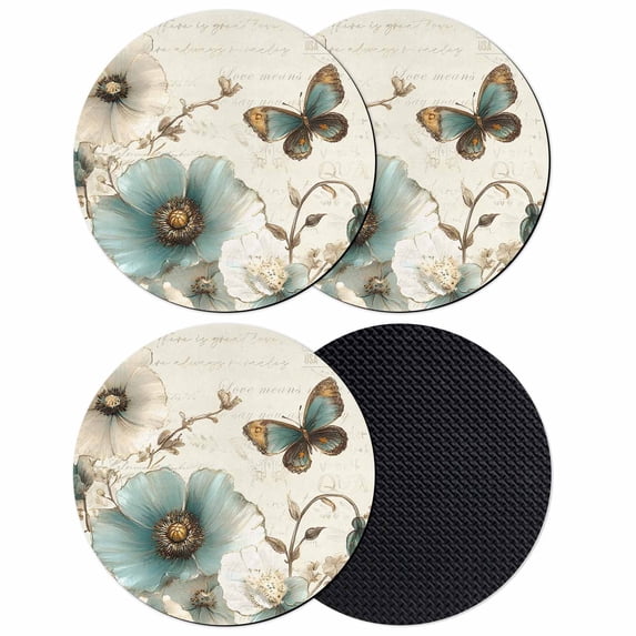 Vintage Flowers Coasters Set of 4, Soft Absorbent Coasters for Drinks, Spring Floral Teal Tulip Butterfly Non-Slip Cup Coaster Mat with Rubber Bottom for Home Kitchen Desk Coffee Bar Table Decor 4"