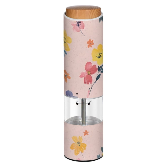 Vintage Flowers Colorful Pattern Printed Electric Pepper Mill One-Touch Battery Operated Salt Grinder Adjustable Coarseness Decorative Counter Spice Tool
