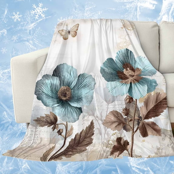 Vintage Flowers Cooling Blanket, Lightweight Breathable Summer Throw Blanket with Double Sided Cold Effect,Teal Blue Floral Nature Butterfly Picnic Beach Blankets Bed Sheet for Hot Sleepers 30"x40"