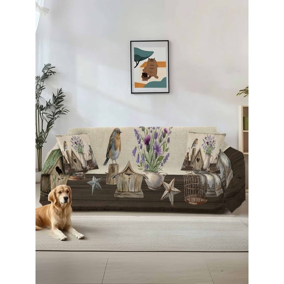 Vintage Flowers Couch Cover, Birds Retro Art Elegant Farmhouse Rustic Sofa Cover Blanket for Loveseat Couches, Sectional Sofa Slipcover Furniture Protector for Living Room Bedroom 71''x118''