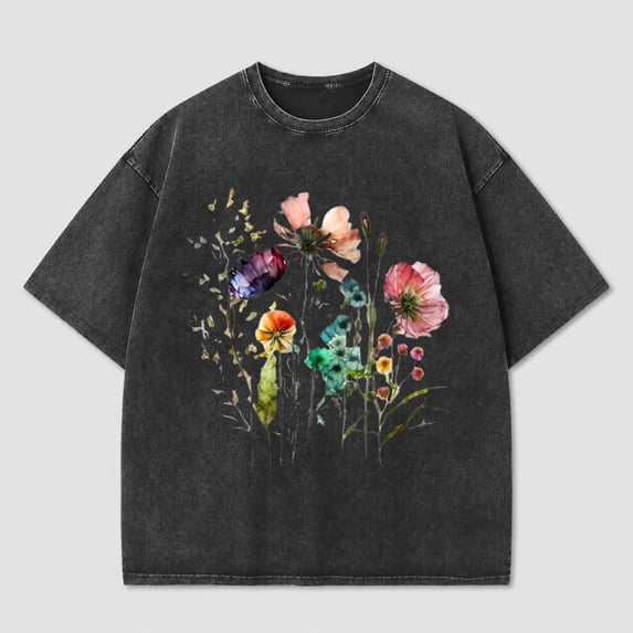 Vintage Flowers Crew Neck Shirt for Women Boho Floral Wildflowers Graphic Tee Casual Cottagecore Summer T Shirt