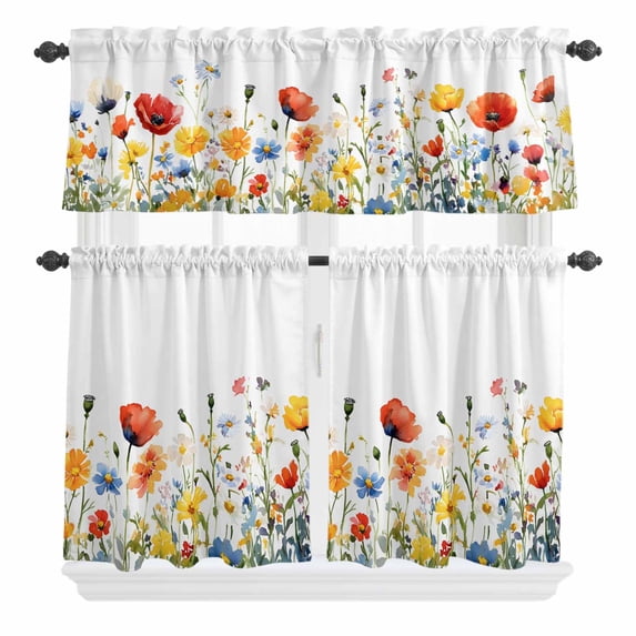 Vintage Flowers Curtain Valances Set Light Green Flowers Leaf Decoration Kitchen Curtains 24&nbsp;inch Length Rod Pocket Valance and Tiers 3 Piece Set Small Bedroom Bathroom Laundry Decor
