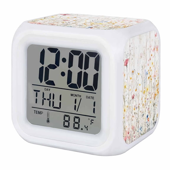 Vintage Flowers Digital Alarm Clock for Bedrooms, Smart LED Alarm Clock with 7 Color Changing Night Light, Pink Blue Colorful Botanical Silent Wake Up Clocks for Sleep Study Cooking 3.2"x3.2"