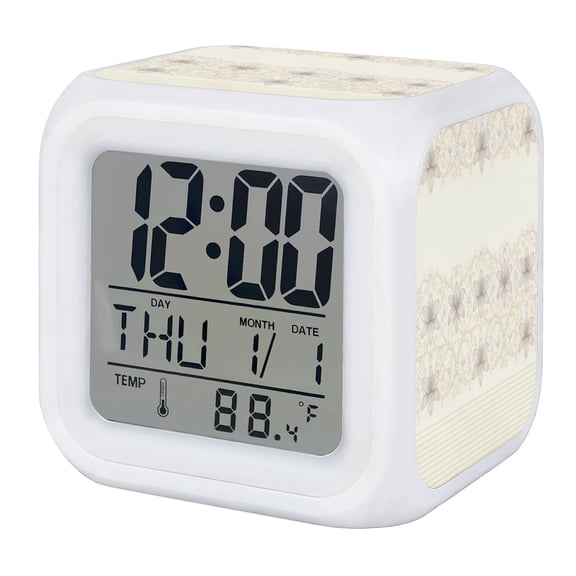 Vintage Flowers Digital Alarm Clock for Bedrooms, Smart LED Alarm Clock with 7 Color Changing Night Light, Spring Floral Beige Blue Retro Art Silent Wake Up Clocks for Sleep Study Cooking 3.2"x3.2"