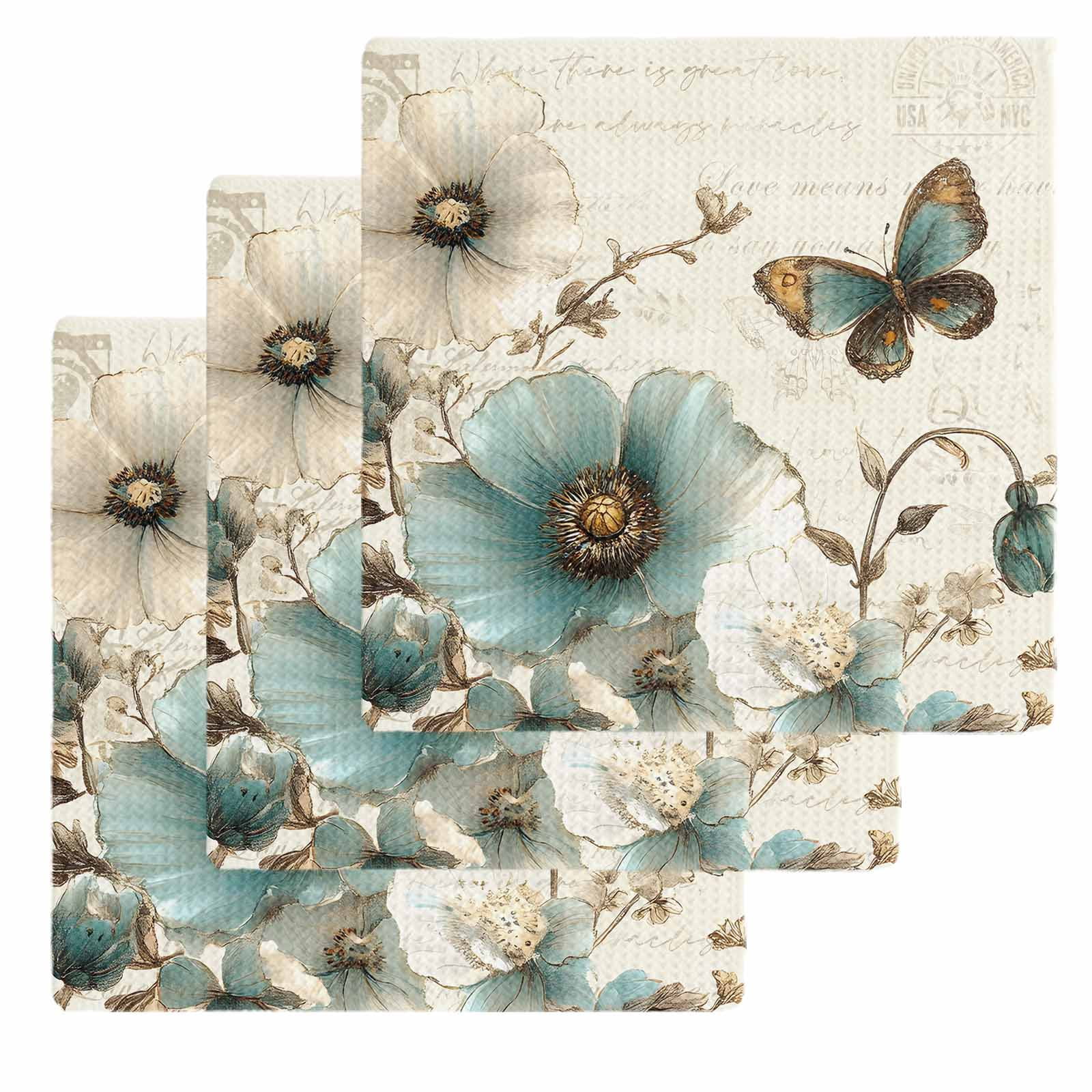 Vintage Flowers Dish Towels Set, Waffle Weave Kitchen Towels 3 Pieces, Spring Floral Teal Tulip Butterfly Microfiber Hair Face Bath Tea Towel Absorbent Quick Drying Cleaning Dish Cloths 12"x12"